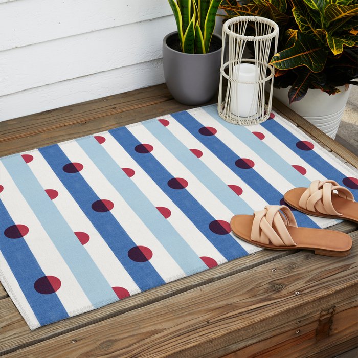 Handcrafted Blue Stripes and Red Dots Pattern Outdoor Rug Gallery Image 2