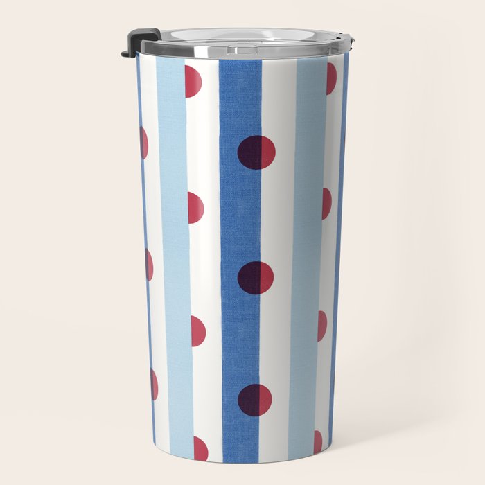 Handcrafted Blue Stripes and Red Dots Pattern Travel Mug Gallery Image 3