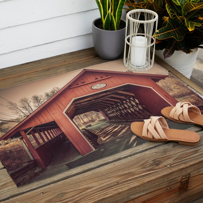 Creamery Covered Bridge Battleboro Vermont Red Historic Romantic Enclosure  Outdoor Rug Gallery Image 2