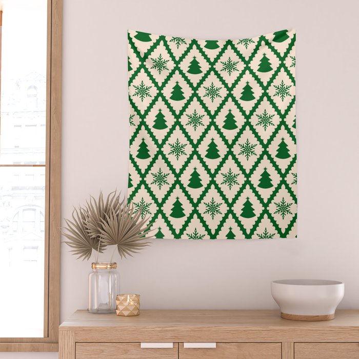 Festive Christmas Check in Green & Off White Wall Tapestry Gallery Image 2