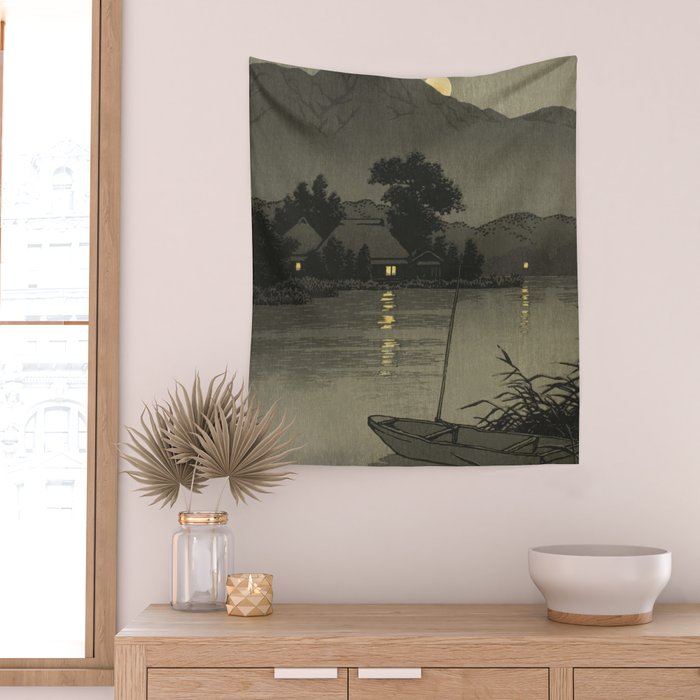 Hasui Kawase, Moon Over Lakeside - Vintage Japanese Woodblock Print Art Wall Tapestry Gallery Image 2