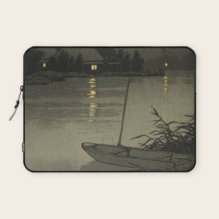 Hasui Kawase, Moon Over Lakeside - Vintage Japanese Woodblock Print Art Laptop Sleeve Gallery Image 1