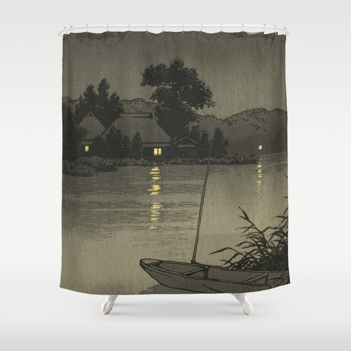 Hasui Kawase, Moon Over Lakeside - Vintage Japanese Woodblock Print Art Shower Curtain Gallery Image 1