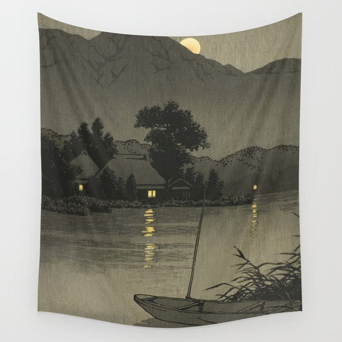 Hasui Kawase, Moon Over Lakeside - Vintage Japanese Woodblock Print Art Wall Tapestry Gallery Image 4