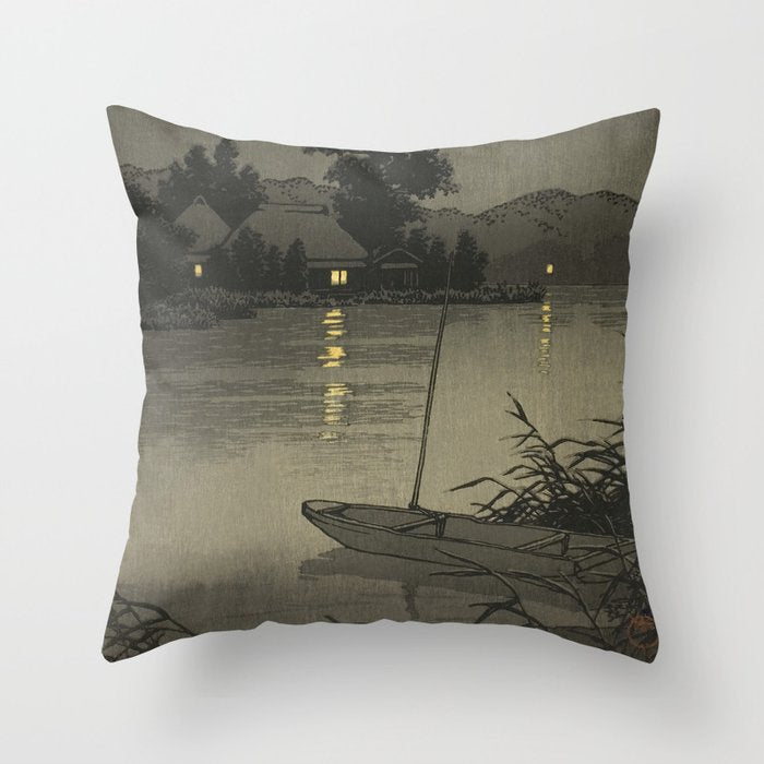 Hasui Kawase, Moon Over Lakeside - Vintage Japanese Woodblock Print Art Throw Pillow Gallery Image 6