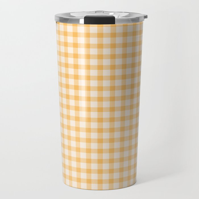 Gingham Checkered Patchwork in Orange Yellow. Travel Mug Gallery Image 1