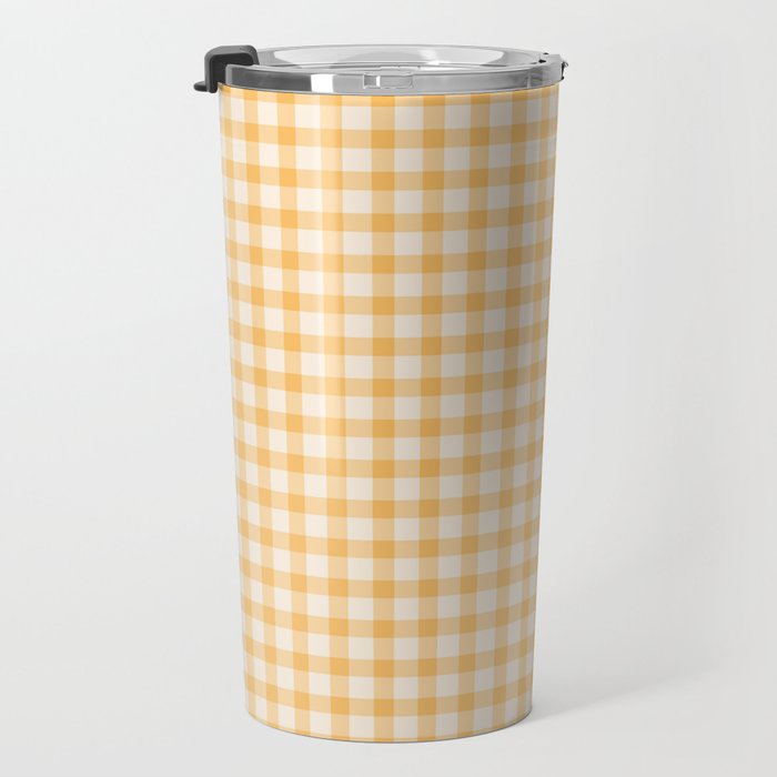 Gingham Checkered Patchwork in Orange Yellow. Travel Mug Gallery Image 3