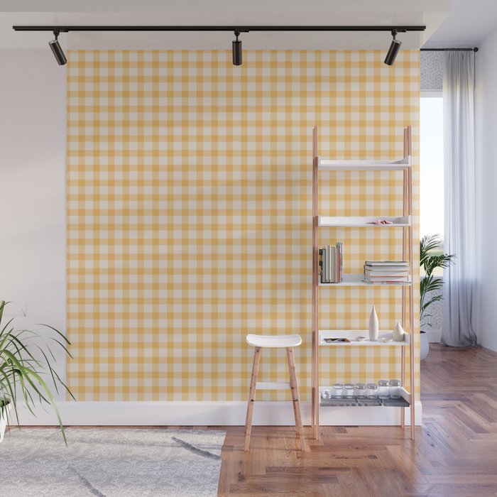 Gingham Checkered Patchwork in Orange Yellow. Wall Mural