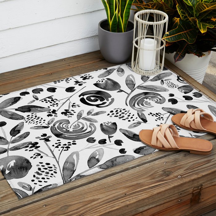 Bountiful Bouquet Black Watercolor Outdoor Rug Gallery Image 2