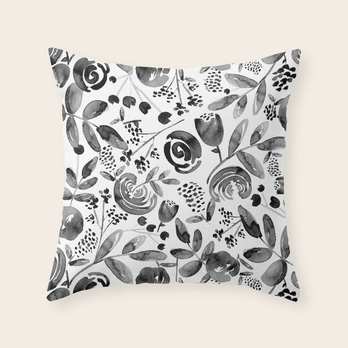 Bountiful Bouquet Black Watercolor Throw Pillow Gallery Image 6