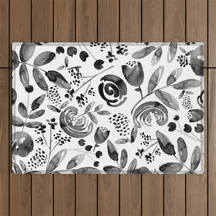 Bountiful Bouquet Black Watercolor Outdoor Rug Gallery Image 1