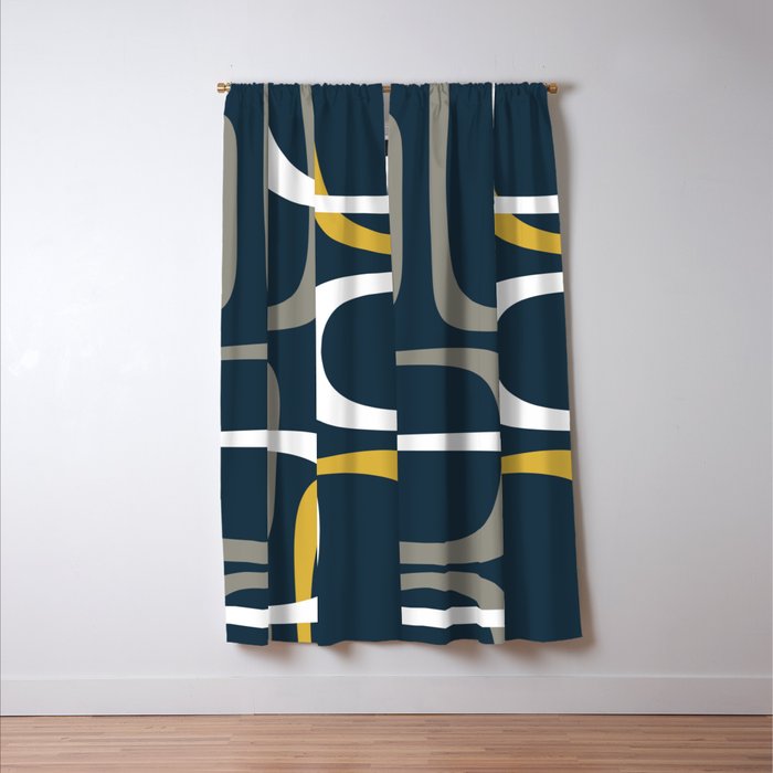 Mid Century Modern Loops Pattern in Light Mustard Yellow, Navy Blue, Gray, and White Window Curtain Gallery Image 3