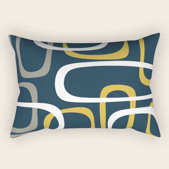 Mid Century Modern Loops Pattern in Light Mustard Yellow, Navy Blue, Gray, and White Rectangular Pillow Gallery Image 1