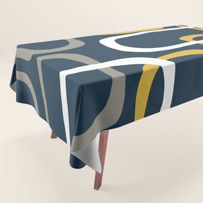 Mid Century Modern Loops Pattern in Light Mustard Yellow, Navy Blue, Gray, and White Tablecloth Gallery Image 1