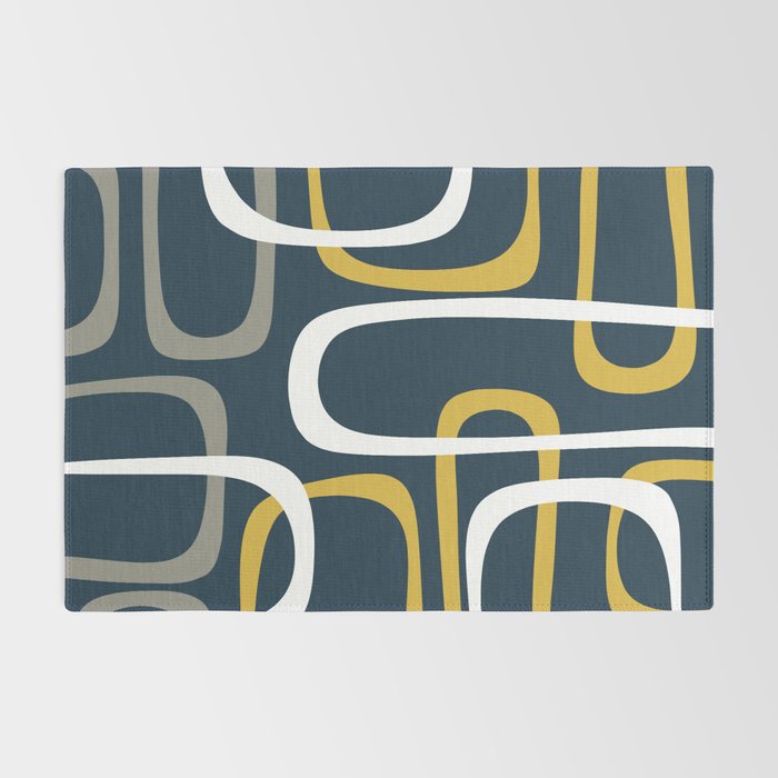 Mid Century Modern Loops Pattern in Light Mustard Yellow, Navy Blue, Gray, and White Rug Gallery Image 2