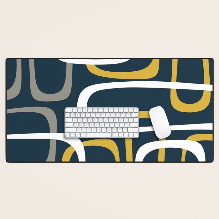 Mid Century Modern Loops Pattern in Light Mustard Yellow, Navy Blue, Gray, and White Desk Mat Gallery Image 1