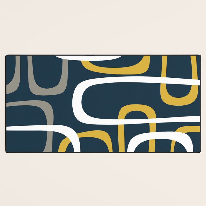 Mid Century Modern Loops Pattern in Light Mustard Yellow, Navy Blue, Gray, and White Desk Mat Gallery Image 3