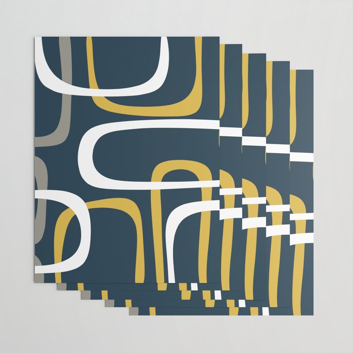 Mid Century Modern Loops Pattern in Light Mustard Yellow, Navy Blue, Gray, and White Wrapping Paper Gallery Image 3