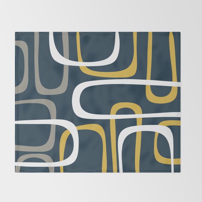 Mid Century Modern Loops Pattern in Light Mustard Yellow, Navy Blue, Gray, and White Throw Blanket Gallery Image 2