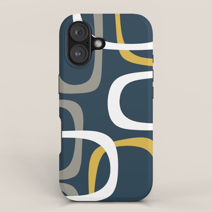 Mid Century Modern Loops Pattern in Light Mustard Yellow, Navy Blue, Gray, and White iPhone Case Gallery Image 1