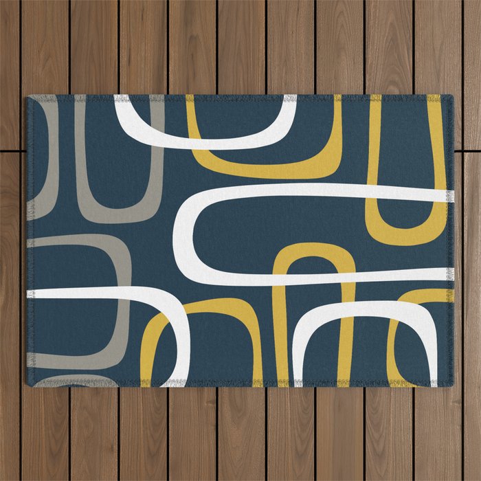 Mid Century Modern Loops Pattern in Light Mustard Yellow, Navy Blue, Gray, and White Outdoor Rug Gallery Image 1