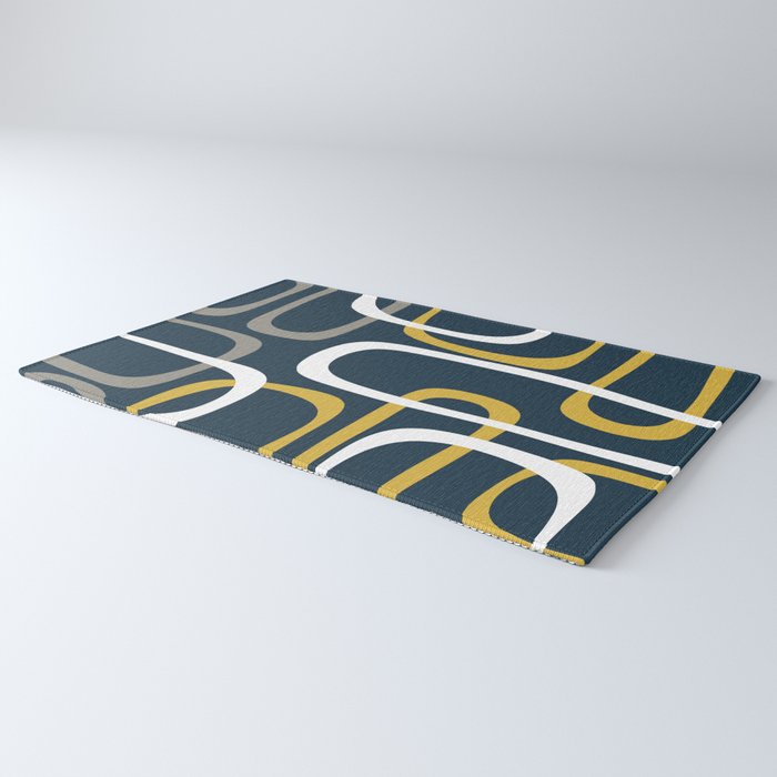 Mid Century Modern Loops Pattern in Light Mustard Yellow, Navy Blue, Gray, and White Rug Gallery Image 3