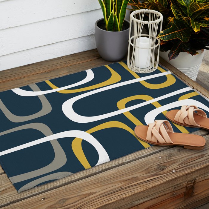 Mid Century Modern Loops Pattern in Light Mustard Yellow, Navy Blue, Gray, and White Outdoor Rug Gallery Image 2