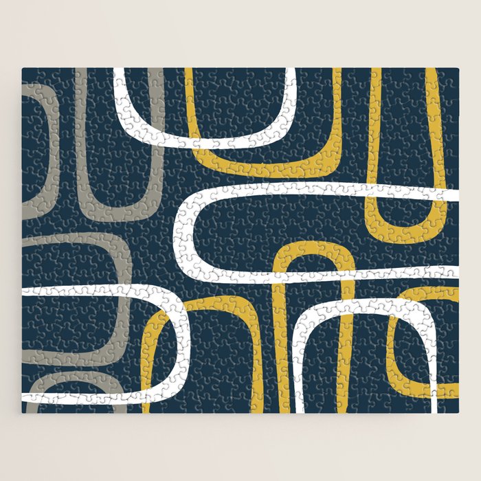 Mid Century Modern Loops Pattern in Light Mustard Yellow, Navy Blue, Gray, and White Jigsaw Puzzle Gallery Image 1