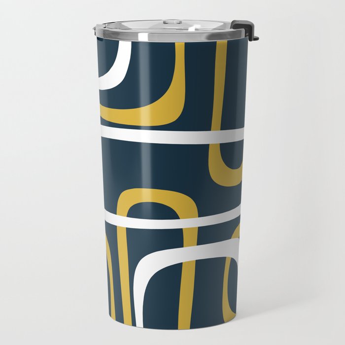 Mid Century Modern Loops Pattern in Light Mustard Yellow, Navy Blue, Gray, and White Travel Mug Gallery Image 2