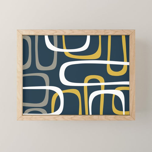 Mid Century Modern Loops Pattern In Light Mustard Yellow, Navy Blue, Gray, And White Mini Art Print