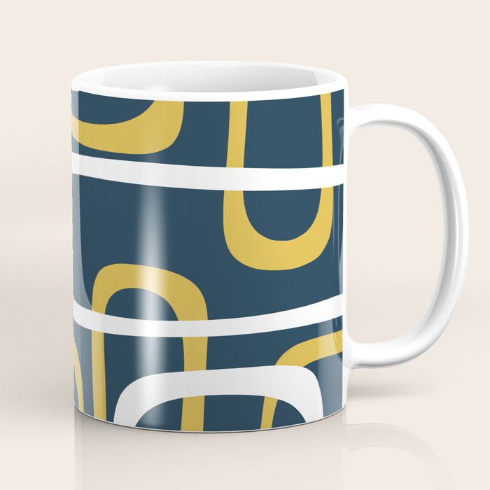 Mid Century Modern Loops Pattern in Light Mustard Yellow, Navy Blue, Gray, and White Coffee Mug Gallery Image 1