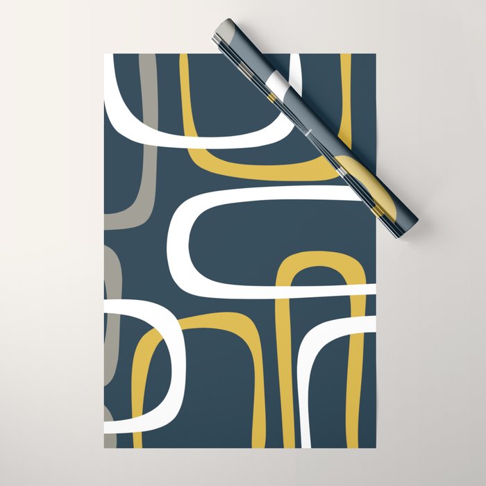 Mid Century Modern Loops Pattern in Light Mustard Yellow, Navy Blue, Gray, and White Wrapping Paper Gallery Image 1