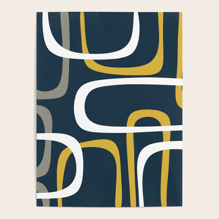 Mid Century Modern Loops Pattern in Light Mustard Yellow, Navy Blue, Gray, and White Poster Gallery Image 4