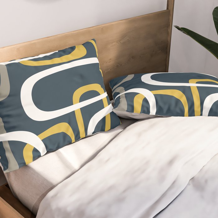 Mid Century Modern Loops Pattern in Light Mustard Yellow, Navy Blue, Gray, and White Pillow Sham Gallery Image 2