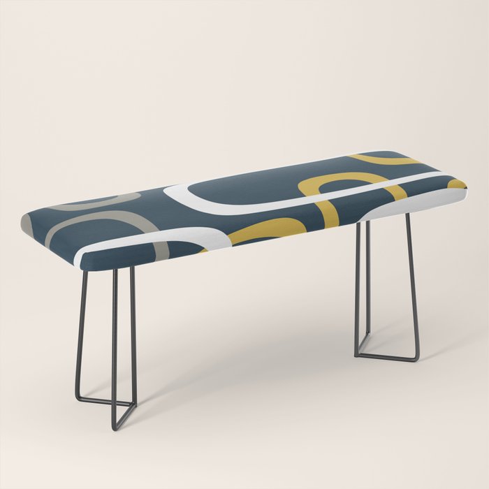 Mid Century Modern Loops Pattern in Light Mustard Yellow, Navy Blue, Gray, and White Bench Gallery Image 1