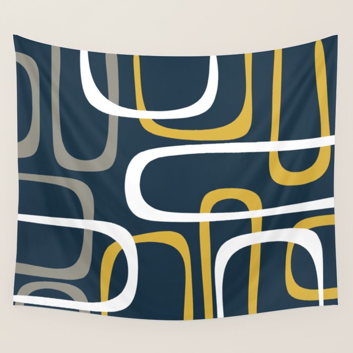 Mid Century Modern Loops Pattern in Light Mustard Yellow, Navy Blue, Gray, and White Wall Tapestry Gallery Image 4