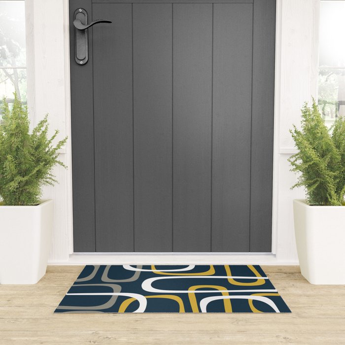 Mid Century Modern Loops Pattern in Light Mustard Yellow, Navy Blue, Gray, and White Welcome Mat Gallery Image 3