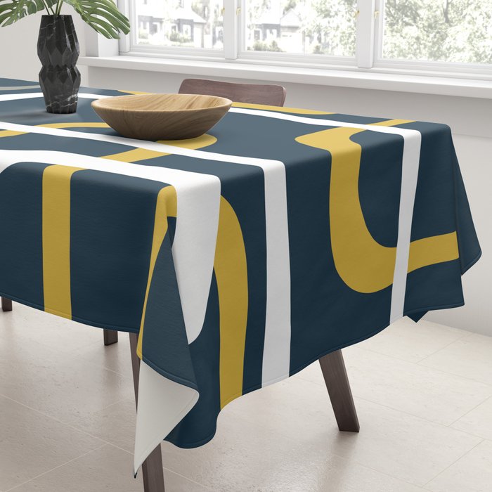 Mid Century Modern Loops Pattern in Light Mustard Yellow, Navy Blue, Gray, and White Tablecloth Gallery Image 3