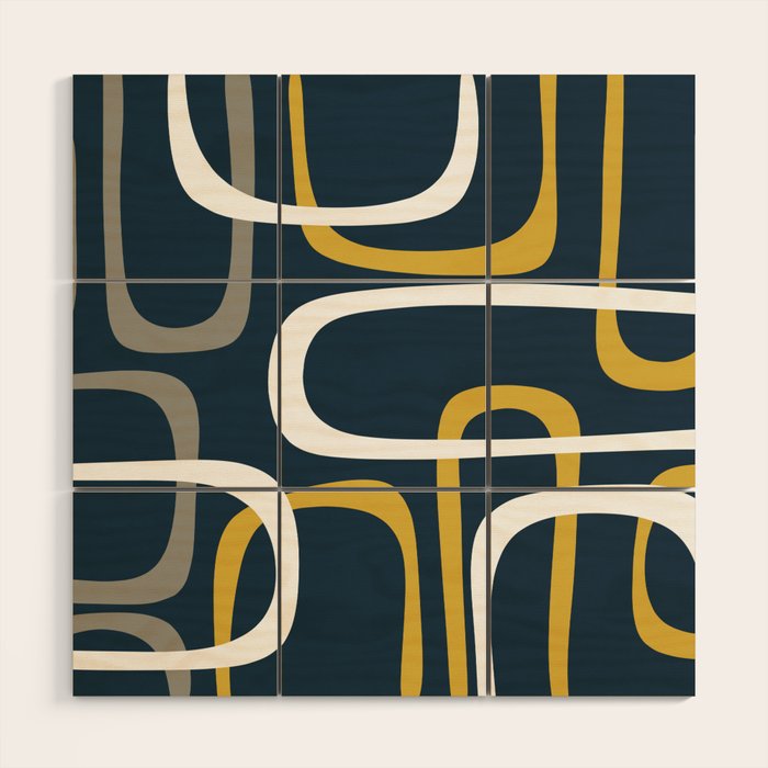 Mid Century Modern Loops Pattern in Light Mustard Yellow, Navy Blue, Gray, and White Wood Wall Art Gallery Image 1