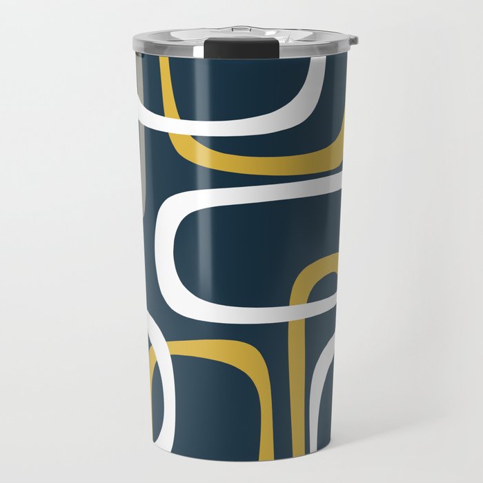 Mid Century Modern Loops Pattern in Light Mustard Yellow, Navy Blue, Gray, and White Travel Mug Gallery Image 1