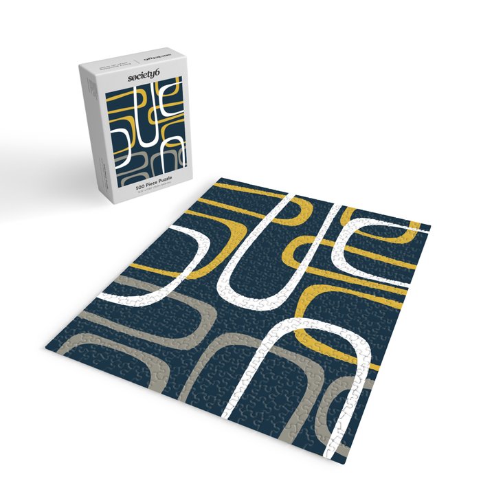 Mid Century Modern Loops Pattern in Light Mustard Yellow, Navy Blue, Gray, and White Jigsaw Puzzle Gallery Image 2