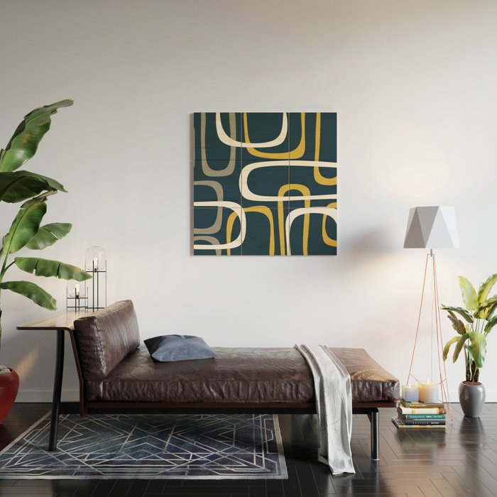 Mid Century Modern Loops Pattern in Light Mustard Yellow, Navy Blue, Gray, and White Wood Wall Art Gallery Image 2