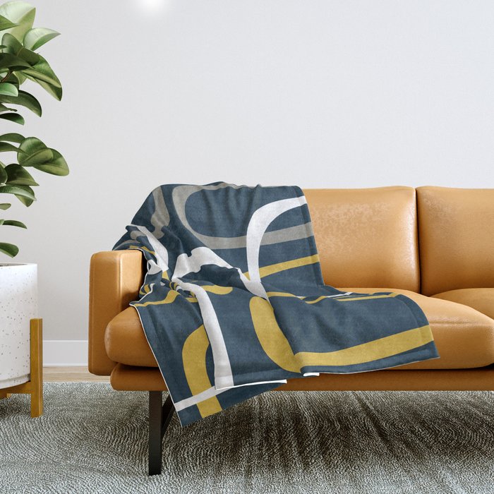 Mid Century Modern Loops Pattern in Light Mustard Yellow, Navy Blue, Gray, and White Throw Blanket Gallery Image 1