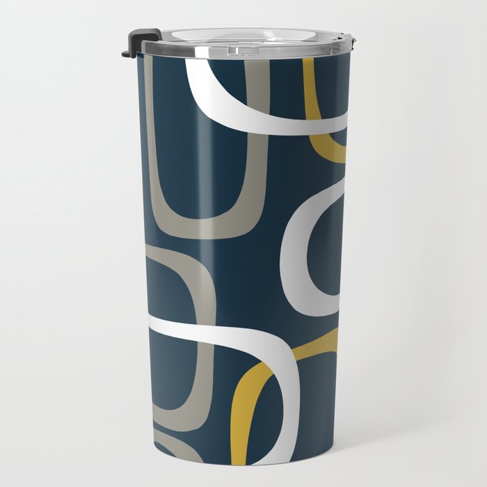 Mid Century Modern Loops Pattern in Light Mustard Yellow, Navy Blue, Gray, and White Travel Mug Gallery Image 3