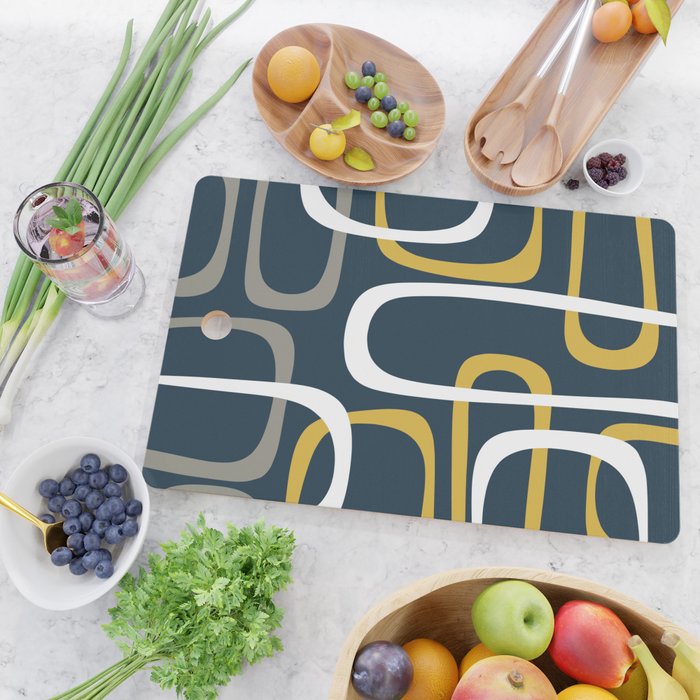 Mid Century Modern Loops Pattern in Light Mustard Yellow, Navy Blue, Gray, and White Cutting Board Gallery Image 2