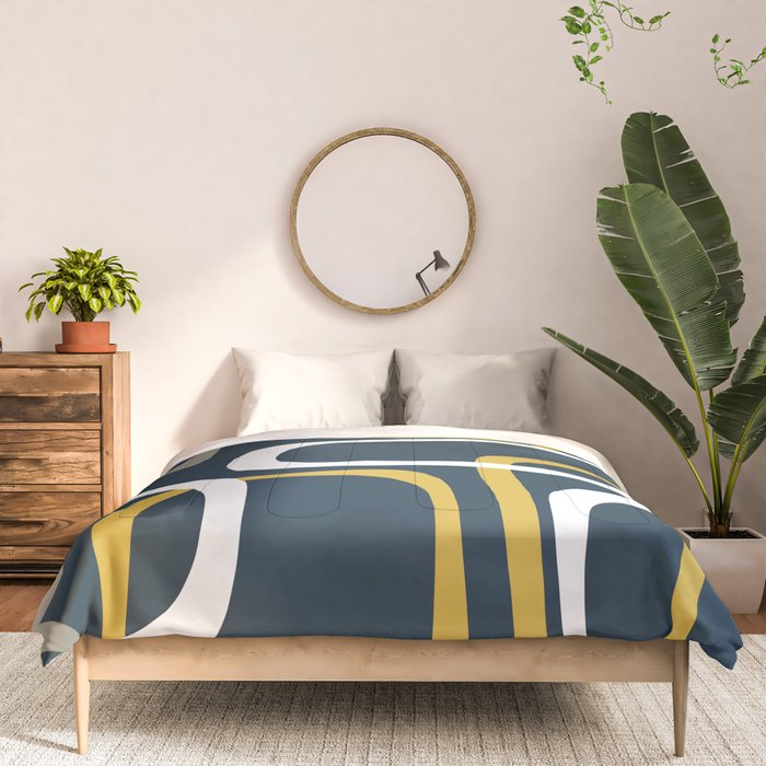 Mid Century Modern Loops Pattern in Light Mustard Yellow, Navy Blue, Gray, and White Comforter Gallery Image 3