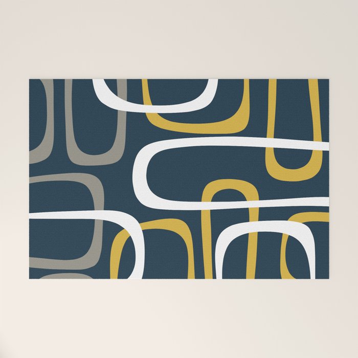 Mid Century Modern Loops Pattern in Light Mustard Yellow, Navy Blue, Gray, and White Welcome Mat Gallery Image 1