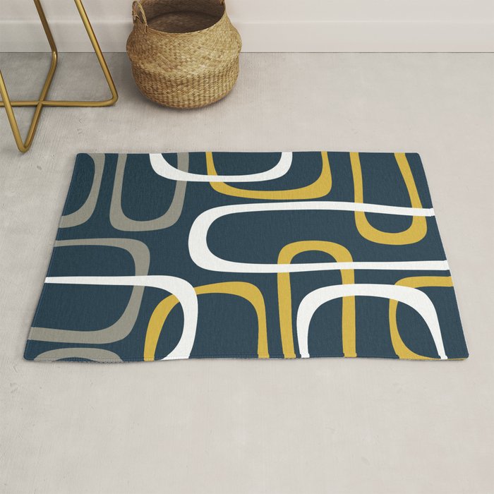 Mid Century Modern Loops Pattern in Light Mustard Yellow, Navy Blue, Gray, and White Rug Gallery Image 1
