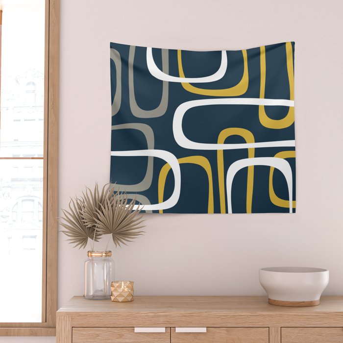 Mid Century Modern Loops Pattern in Light Mustard Yellow, Navy Blue, Gray, and White Wall Tapestry Gallery Image 2