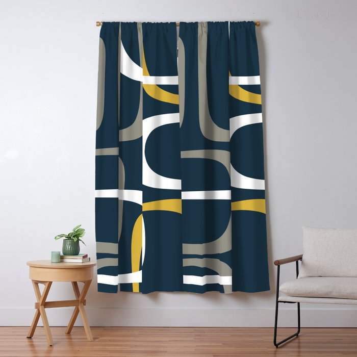 Mid Century Modern Loops Pattern in Light Mustard Yellow, Navy Blue, Gray, and White Window Curtain Gallery Image 5